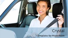  Presentation with car seat - PPT theme consisting of safety driving - attractive young woman background and a light blue colored foreground