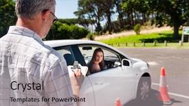  Presentation with safety driving - PPT theme enhanced with safety driving - learner driver girl with instructor background and a light gray colored foreground
