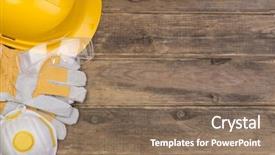  Presentation with safety - Amazing PPT layouts having safety equipment on wooden background backdrop and a violet colored foreground