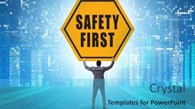  Presentation with safety first - Cool new PPT theme with safety-first-concept-with-businessman backdrop and a light blue colored foreground