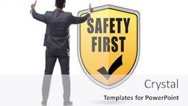  Presentation with safety first - PPT theme having safety-first-concept-with-businessman background and a white colored foreground