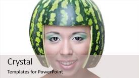  Presentation with melon - Audience pleasing PPT theme consisting of funny woman with water-melon backdrop and a light gray colored foreground