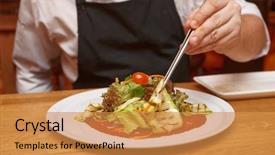  Presentation with food safety - Slide deck consisting of safety food service - chef is serving vegetable appetizer background and a gold colored foreground