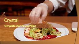  Presentation with food safety - PPT theme enhanced with safety food service - chef is serving vegetable appetizer background and a  colored foreground