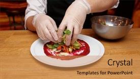  Presentation with food safety - Audience pleasing theme consisting of safety food service - chef is serving vegetable appetizer backdrop and a  colored foreground