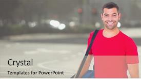  Presentation with bag - Audience pleasing slide set consisting of safety food service - delivery man with blue bag backdrop and a light gray colored foreground