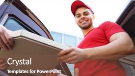  Presentation with pizza - Cool new slides with safety food service - young handsome man delivering pizza backdrop and a tawny brown colored foreground
