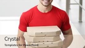  Presentation with pizza - Cool new theme with safety food service - young handsome man delivering pizza backdrop and a soft green colored foreground