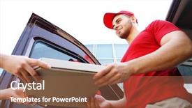  Presentation with pizza - Slides having safety food service - young handsome man delivering pizza background and a tawny brown colored foreground