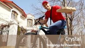  Presentation with pizza - Theme enhanced with safety food service - young handsome man delivering pizza background and a coral colored foreground