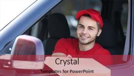  Presentation with pizza delivery - PPT theme with safety food service - young handsome man delivering pizza background and a red colored foreground