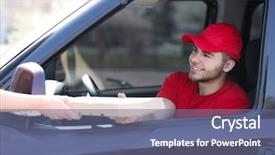  Presentation with pizza delivery - Audience pleasing PPT theme consisting of safety food service - young handsome man delivering pizza backdrop and a ocean colored foreground