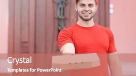  Presentation with pizza delivery - Slide set featuring safety food service - young handsome man delivering pizza background and a  colored foreground