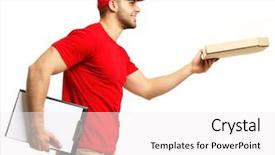  Presentation with pizza - Amazing PPT theme having safety food service - young man giving pizza isolated backdrop and a white colored foreground