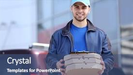  Presentation with pizza - Slide set consisting of safety food service - young man holding pizza outside background and a ocean colored foreground