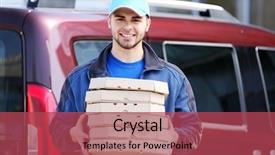  Presentation with pizza - Slide deck with safety food service - young man holding pizza outside background and a red colored foreground