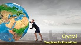  Presentation with earth - Colorful PPT theme enhanced with safety gap - young businesswoman pushing earth planet backdrop and a  colored foreground