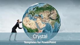  Presentation with planet mars and earth - Presentation design featuring safety gap - young businesswoman pushing earth planet background and a teal colored foreground