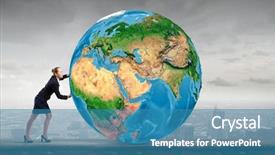  Presentation with earth - Presentation theme consisting of safety gap - young businesswoman pushing earth planet background and a  colored foreground
