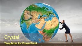  Presentation with planet mars and earth - Presentation design consisting of safety gap - young businesswoman pushing earth planet background and a  colored foreground