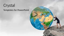  Presentation with gap - Slide deck having safety gap - young businesswoman pushing earth planet background and a  colored foreground