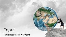  Presentation with earth - Slides having safety gap - young businesswoman pushing earth planet background and a  colored foreground