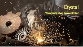  Presentation with factory - Colorful presentation design enhanced with erection equiments - welder working at the factory backdrop and a tawny brown colored foreground