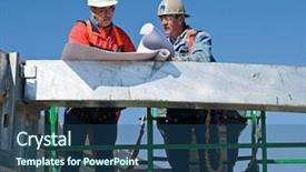  Presentation with safety construction - Cool new slides with safety harness - construction workers discussing the blueprints backdrop and a ocean colored foreground