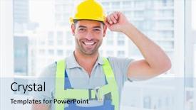  Presentation with happy anniversay work - Beautiful presentation theme featuring safety harness - portrait of happy manual worker backdrop and a light blue colored foreground