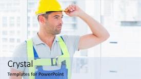  Presentation with office ergonomics man worker exercising - Beautiful presentation design featuring safety harness - portrait of manual worker wearing backdrop and a light blue colored foreground