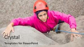  Presentation with rock climbing - Slide deck having safety harness - smiling girl climbing up rock background and a light gray colored foreground