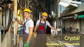  Presentation with worker safety - Slide set with safety hats on a factory background and a tawny brown colored foreground