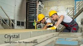  Presentation with foreman - Colorful presentation design enhanced with safety hats performing quality backdrop and a mint green colored foreground