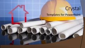  Presentation with construction cranes - Slide set consisting of safety helmet - buildings under construction and cranes background and a light blue colored foreground