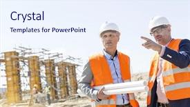  Presentation with construction site construction - Presentation design with safety helmet - male engineers discussing at construction background and a sky blue colored foreground