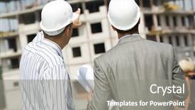  Presentation with reflection looking back to go forward - Audience pleasing slide set consisting of safety helmet - photo of backs of workers backdrop and a gray colored foreground
