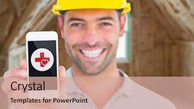  Presentation with handyman - Presentation enhanced with safety helmet - portrait of smiling handyman showing background and a coral colored foreground