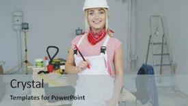 Presentation with white and black woman climbing ladders - PPT layouts having safety helmet holding red pencil background and a light gray colored foreground