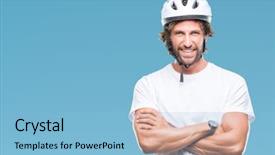  Presentation with triathlon professional cyclist man cycling - Slides with safety helmet over isolated background background and a light blue colored foreground