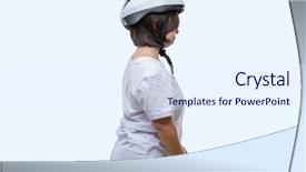  Presentation with triathlon professional cyclist man cycling - Colorful presentation design enhanced with safety helmet over isolated background backdrop and a sky blue colored foreground