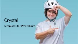  Presentation with hands down - Presentation theme enhanced with safety helmet over isolated background background and a light blue colored foreground