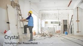  Presentation with portfolio renovation and construction - Slide set with safety improvements - asian construction worker with hardhat background and a light gray colored foreground