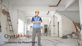  Presentation with improvement - Presentation design with safety improvements - asian construction worker with hardhat background and a light gray colored foreground