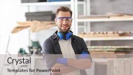  Presentation with globe hands cross - Audience pleasing PPT layouts consisting of safety improvements - young smiling carpenter standing backdrop and a light gray colored foreground