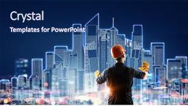  Presentation with builder - Presentation design featuring safety industry - builder man using media interface background and a navy blue colored foreground