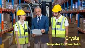  Presentation with tablet of stones - Slides having safety industry - manager showing tablet to workers background and a tawny brown colored foreground