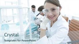  Presentation with laboratory blood test tubes - Slide deck featuring safety investigation - investigator checking test tubes woman background and a sky blue colored foreground