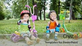  Presentation with children safety - Presentation featuring safety kids - children scooterists rest sitting background and a mint green colored foreground
