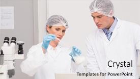  Presentation with lab safety - PPT theme having safety lab - scientists working attentively with beaker background and a sky blue colored foreground