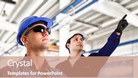  Presentation with manufacturing safety - Presentation consisting of safety manufacturing - smiling engineers at work background and a coral colored foreground